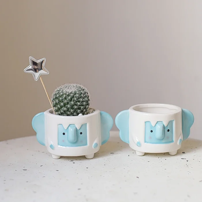 Small Ceramic Animal Flower Pots – Cute Blue Elephant Planter for Mini Succulents, Creative Home Decoration