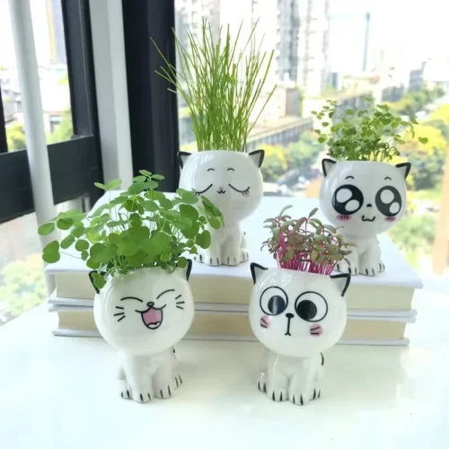 Ceramic Flowerpot – Mini Cat-Shaped Cartoon Cute Potted Plant for Desktop Décor