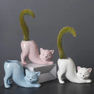 Cartoon Cat Flower Pot Vase: Cute Cat Tail Succulent Planting Pot made of Porcelain