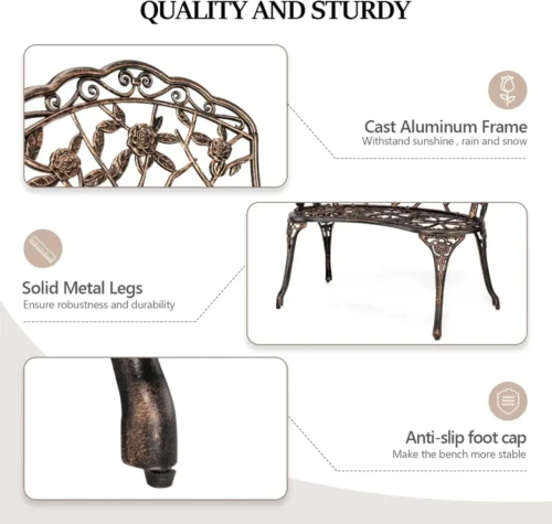 Antique Rose Metal Garden Bench – Outdoor Cast Iron & Aluminum Frame