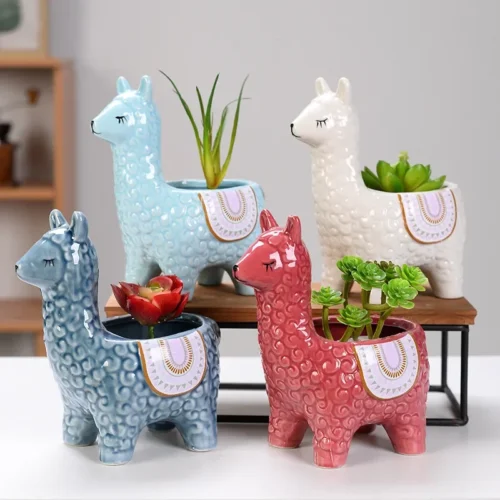 Cute Animal Shape Ceramic Succulent Planter – Adorable Alpaca Succulent Flower Pot
