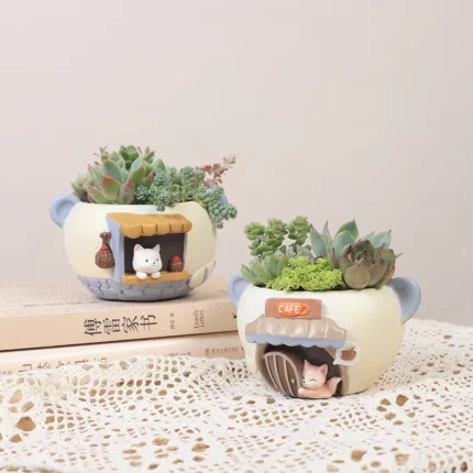 Creative Resin Planter for Succulents and Air Plants – Decorative Fairy Garden Ornament, Cat and Fox Figurines for Tabletop Decor