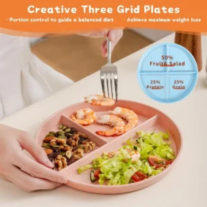 Eco-Friendly Wheat Straw Divided Dinner Plate | Reusable Fruit Salad Round Plate with Portion Control Compartments for Kids and Adults