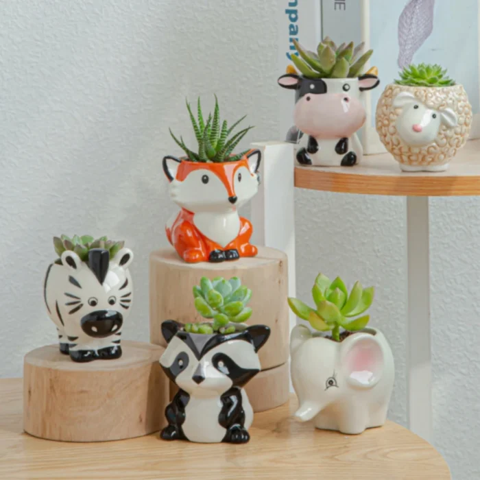 Cartoon Fox Zebra Sheep Cow Mini Pot Succulents Plants Bonsai Pots Ceramic Animal Flower Pot Vintage Vase Home Garden Decoration