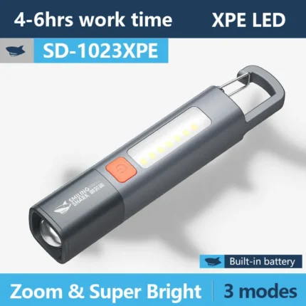 Smiling Shark SD1023 LED Torch Light – XPE Super Bright Flashlight, USB Rechargeable, Zoomable, Waterproof with Hook