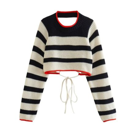 Black and White Striped Knit Bolero Sweater with Backless Design