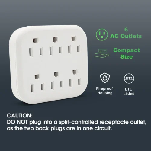 6-Outlet Extender Grounded Wall Adapter with 3-Prong Power Outlet Splitter, 15A/125V/1875W Capacity - Image 5