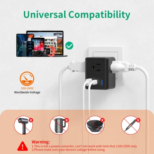 Multi-Plug Socket Extender - USB Wall Charger with 3 USB Ports (1 USB-C), Compact Design, No Surge Protector