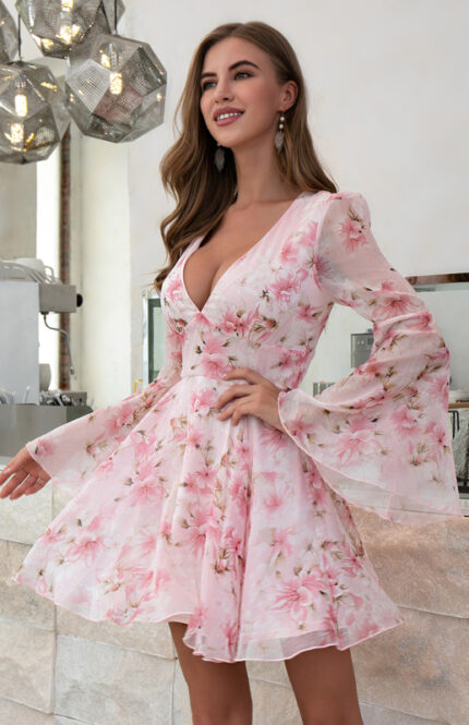 Sexy V-Neck Floral Print High Waist Flared Sleeve Dress