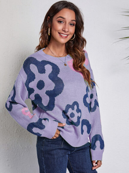 Flower Jacquard Off-Shoulder Knitted Sweater