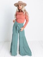 Lace-Up Pleated Wide-Leg Pants with Elastic Waist