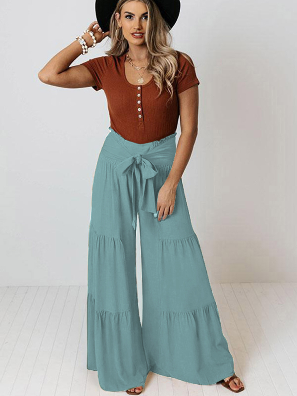 Lace-Up Pleated Wide-Leg Pants with Elastic Waist