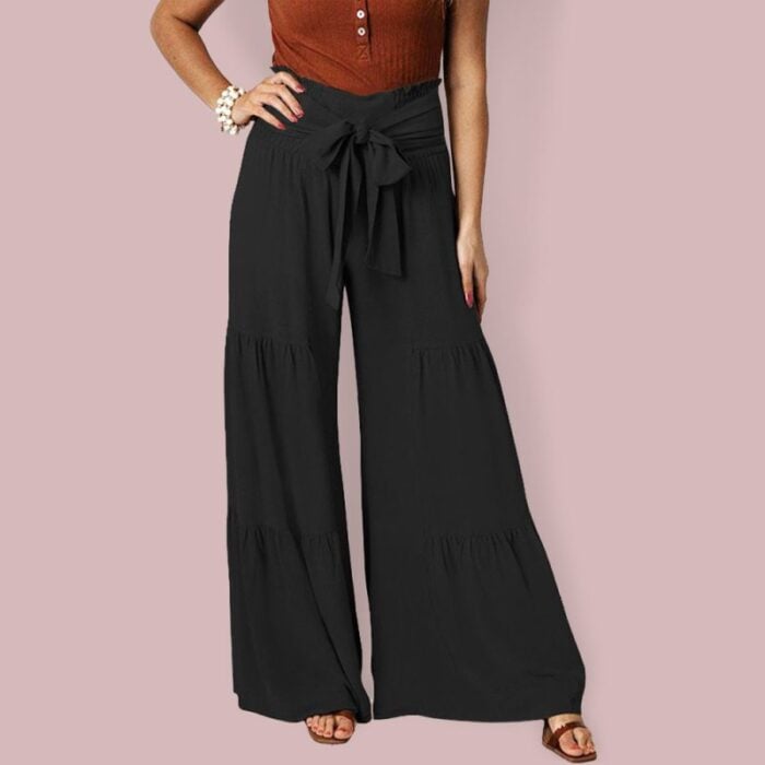 Lace-Up Pleated Wide-Leg Pants with Elastic Waist