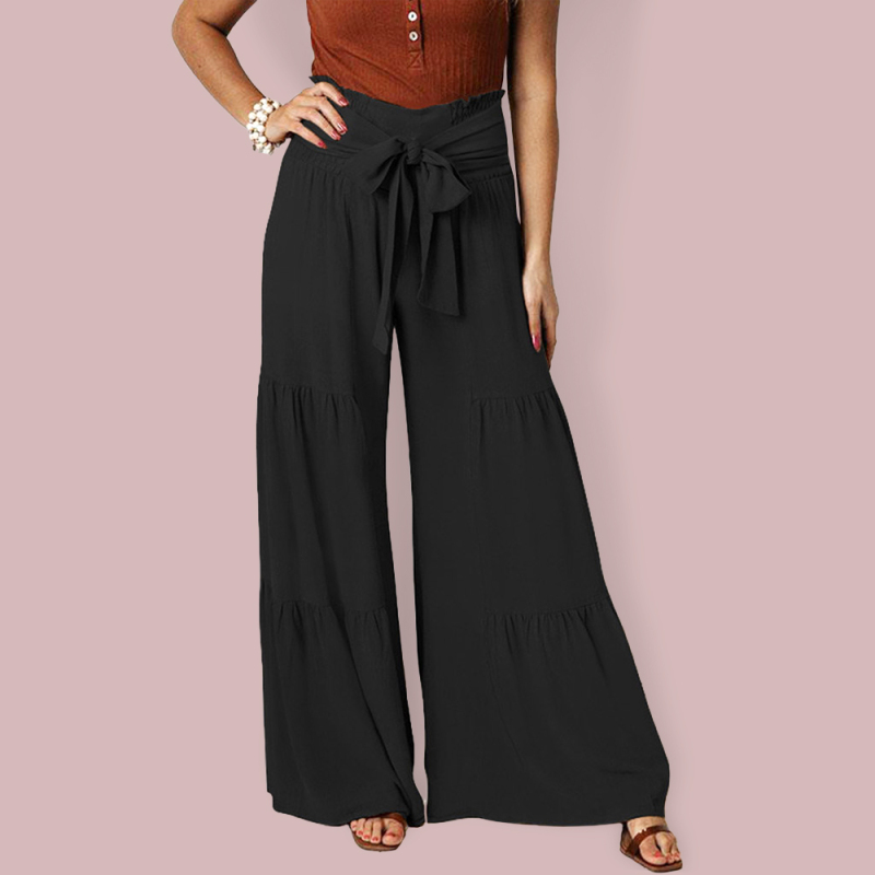 Lace-Up Pleated Wide-Leg Pants with Elastic Waist