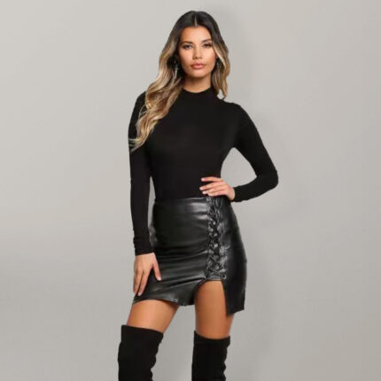 Faux Leather Mini Skirt with Slit for Women
