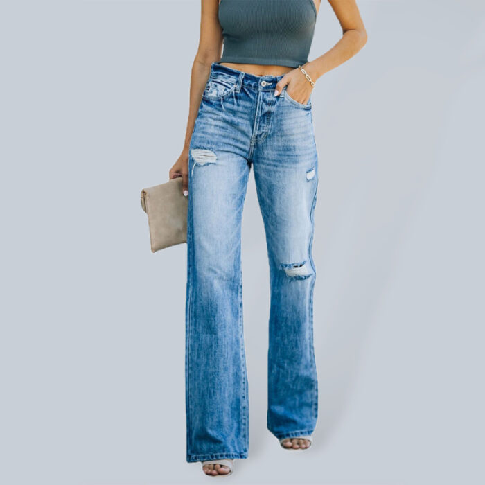 Wide Leg Denim Jeans / Washed Look with Ripped Details