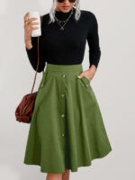 Chic Button-Front Midi Skirt with Convenient Pockets