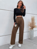 Effortlessly Stylish Button-Up Wide-Leg Trousers for Commuting and Everyday Wear