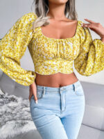 Crop Style Top with Lantern Sleeve and Bowknot Floral Chiffon Top