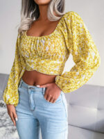 Crop Style Top with Lantern Sleeve and Bowknot Floral Chiffon Top