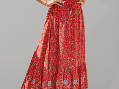 Bohemian Long Skirt Ethnic Print Elastic High Waist Tie Button Slit