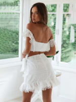Solid Color Lace Off-shoulder Top And Raffle Skirt Match Set