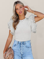Stylish Top with Ruffle Sleeves – Knitted See-Through Mesh Stitching