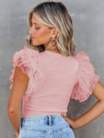 Stylish Top with Ruffle Sleeves – Knitted See-Through Mesh Stitching