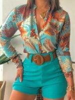 Elegant Digital Print Stand Collar Shirt and Long Sleeve Set with Chic Design