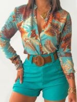 Elegant Digital Print Stand Collar Shirt and Long Sleeve Set with Chic Design