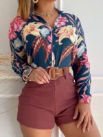 Elegant Digital Print Stand Collar Shirt and Long Sleeve Set with Chic Design