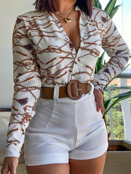 Elegant Digital Print Stand Collar Shirt and Long Sleeve Set with Chic Design