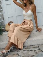 Solid Color Long Cult Pants with Stylish Ruffle Belt