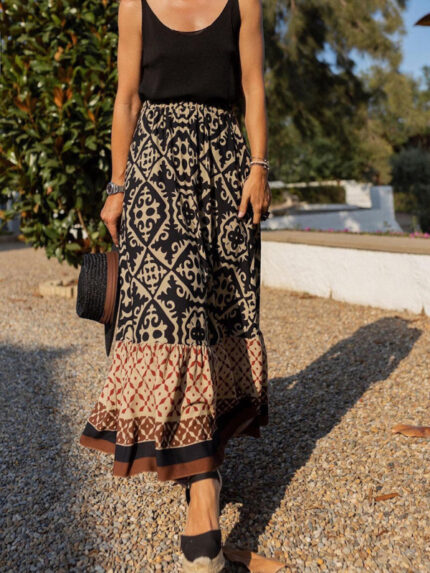 Boho Chic | Ethnic Print Swing Skirt with Unique Stitching