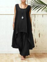 Effortless Elegance / Cotton Linen Sleeveless Top and Irregular Wide-Leg Pants Set