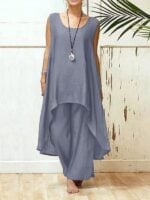 Effortless Elegance / Cotton Linen Sleeveless Top and Irregular Wide-Leg Pants Set