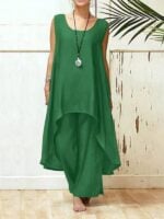 Effortless Elegance / Cotton Linen Sleeveless Top and Irregular Wide-Leg Pants Set