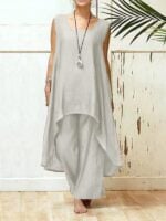 Effortless Elegance / Cotton Linen Sleeveless Top and Irregular Wide-Leg Pants Set