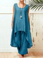 Effortless Elegance / Cotton Linen Sleeveless Top and Irregular Wide-Leg Pants Set