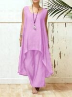 Effortless Elegance / Cotton Linen Sleeveless Top and Irregular Wide-Leg Pants Set