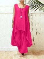 Effortless Elegance / Cotton Linen Sleeveless Top and Irregular Wide-Leg Pants Set