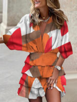 V-Neck Dolman Sleeve Print Dress with Irregular Hem