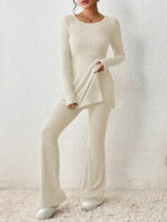 Casual Knitted Two-Piece Set with Slim Fit and Side Slit Detail