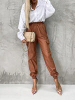 Elastic Waist Leather Pants with Straight Legs and Chic Pocket Details