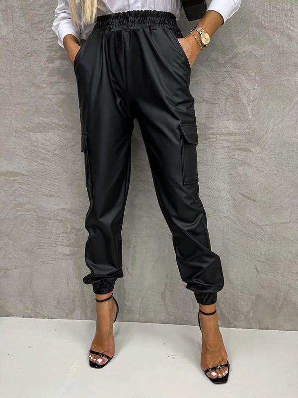 Elastic Waist Leather Trousers with Straight Leg and Pockets