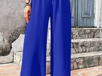 Plaid Wide Leg Pants with Elastic Waist and Puff Accents