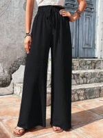 Plaid Wide Leg Pants with Elastic Waist and Puff Accents