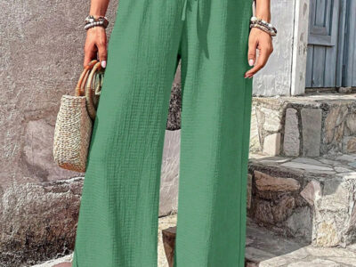 Plaid Wide Leg Pants with Elastic Waist and Puff Accents