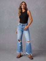 High-Waist Ripped Jeans / Micro-Boom Washed Style