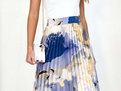 Printed A-Line Pleated Skirt with Elegant Drapery